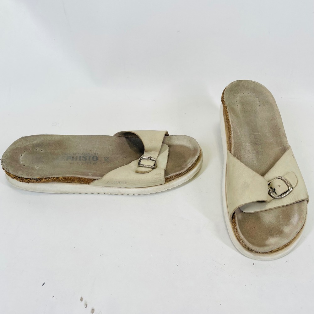 Mephisto Women Cream Leather Buckle Slide Sandals Cork Footbed Size 42 France
